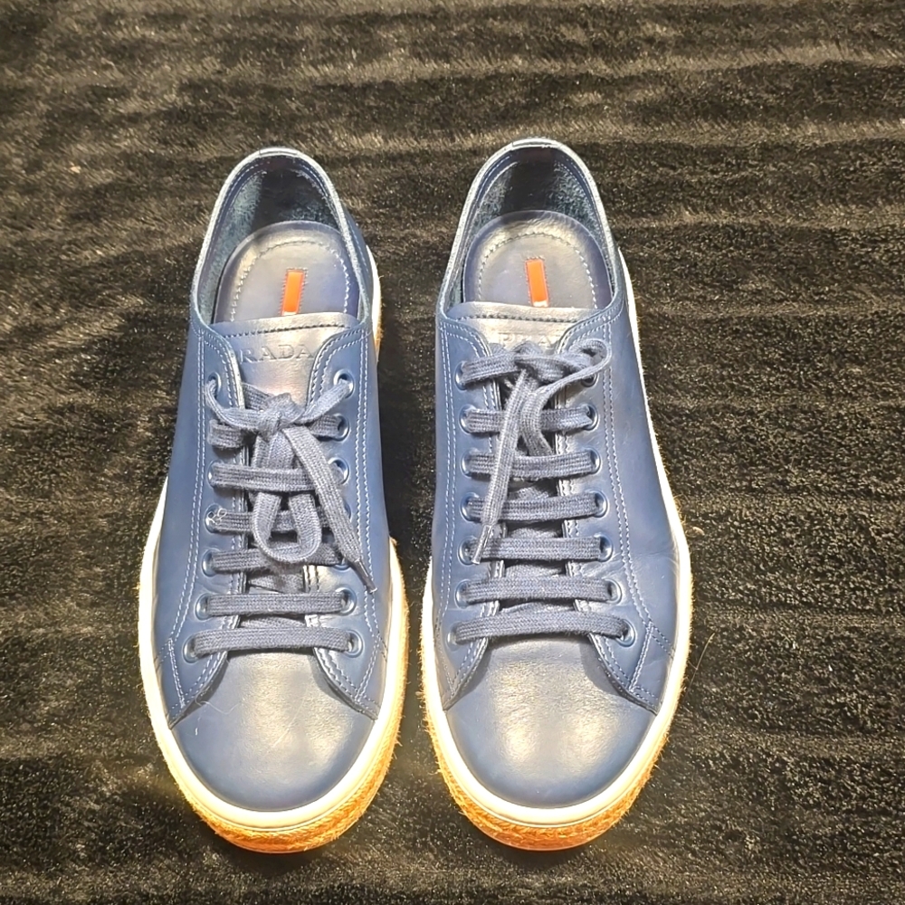 Prada Men's Navy Sneakers with White Soles